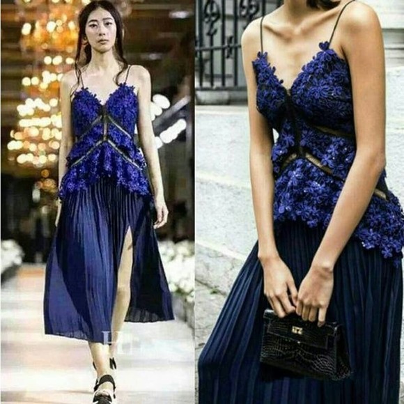 Self-Portrait Lace Double Peplum Tiered Pleated Navy Blue Midi Dress Size 2 - Picture 11 of 11